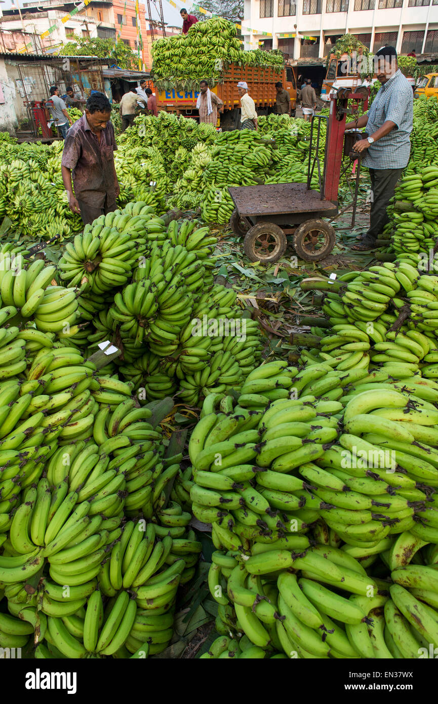 Banane venditori e dei lavoratori sul mercato di Broadway, Ernakulam, Kerala, India Foto Stock