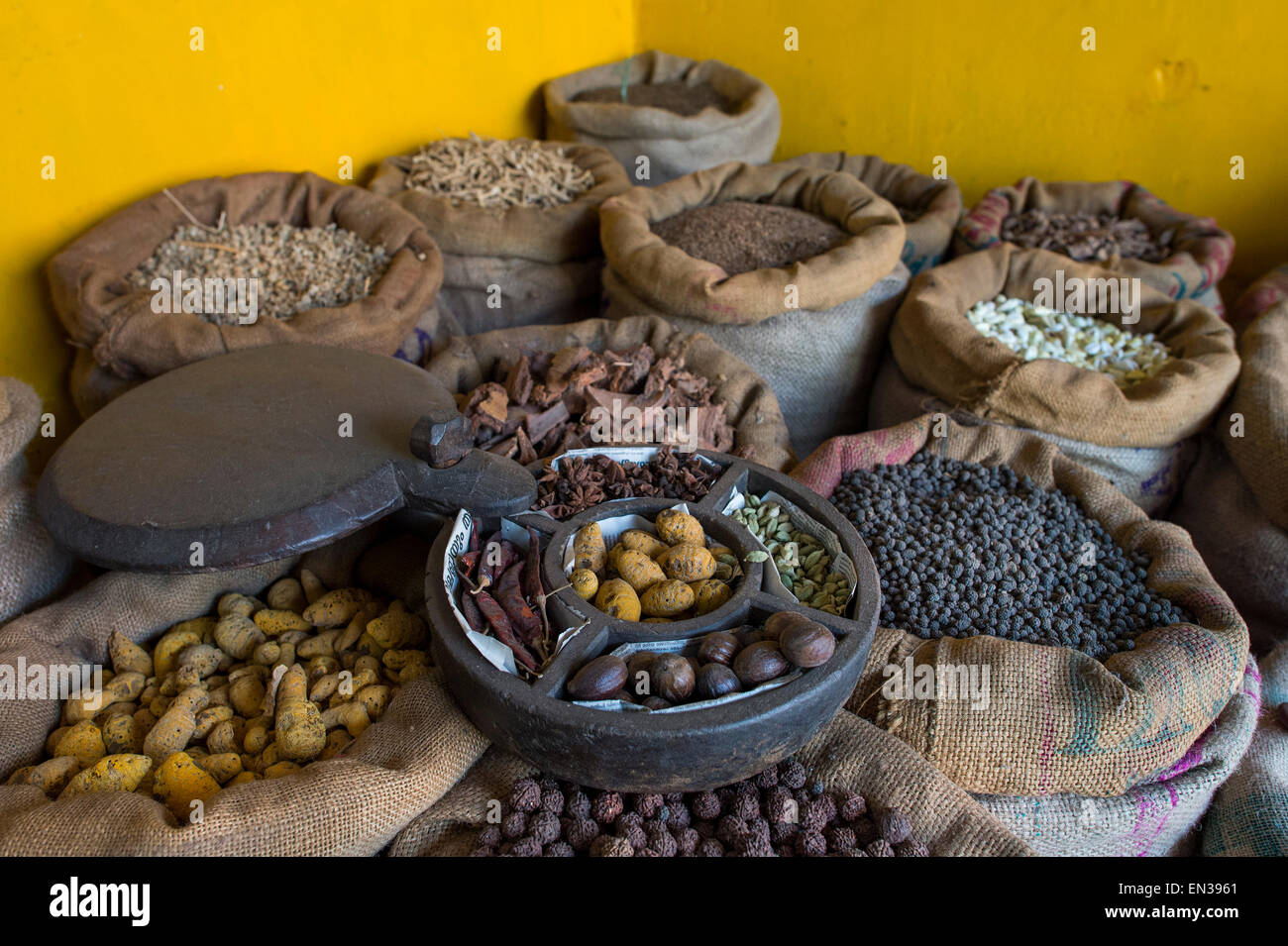Sacchetti di spezie nella parte anteriore della parete gialla, Kochi, Cochin, Kerala, India Foto Stock
