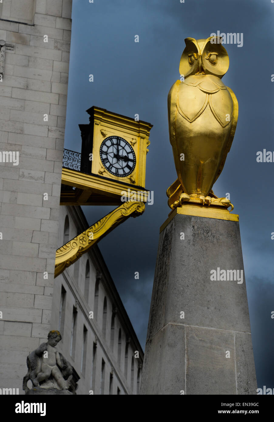 Gufo reale scultura da John Thorp e orologio in oro su la Sala Civica di Palazzo nel Millennium Square, Leeds Foto Stock