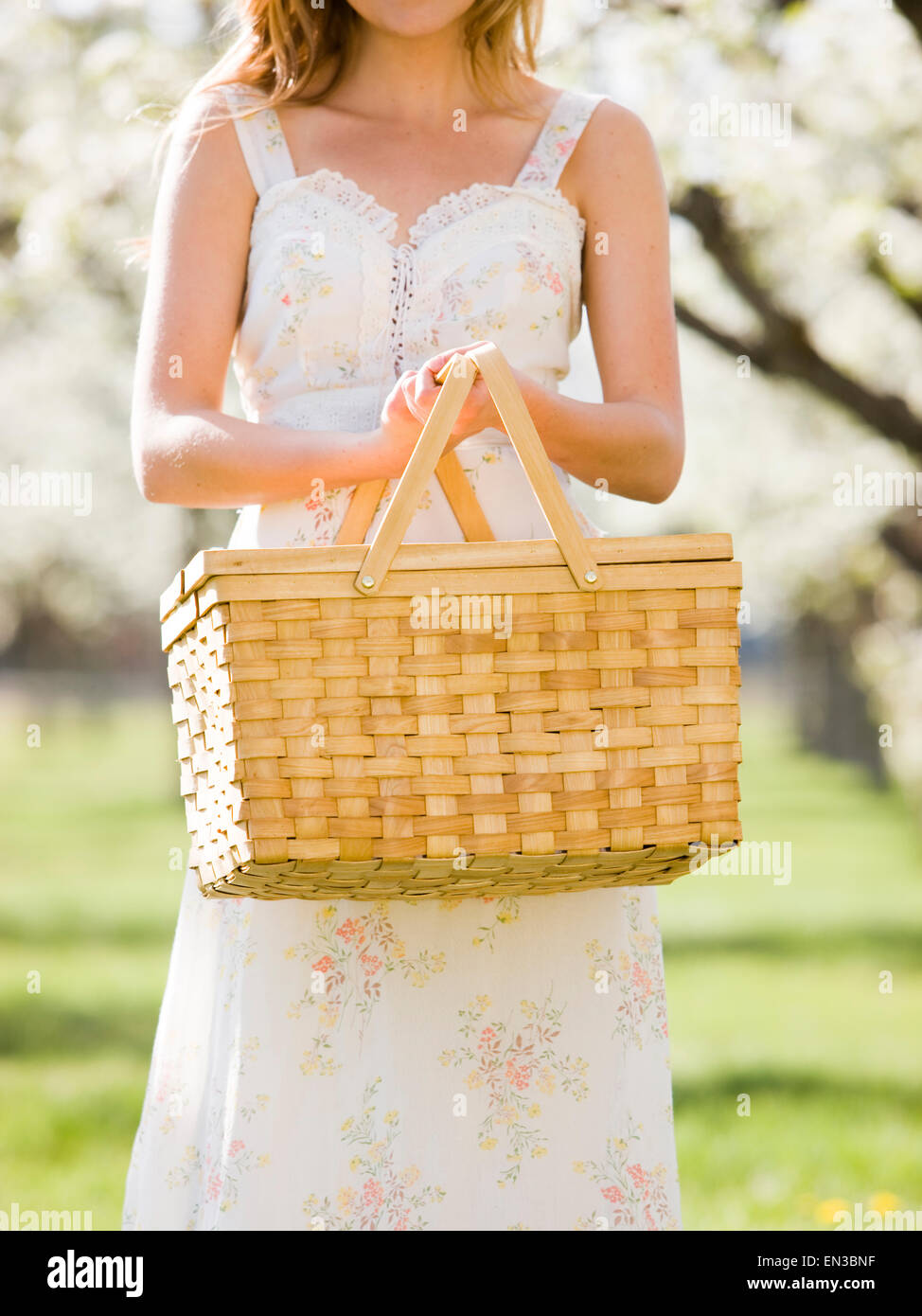 Ragazza in un abito bianco tenendo un cestino da pic-nic Foto Stock