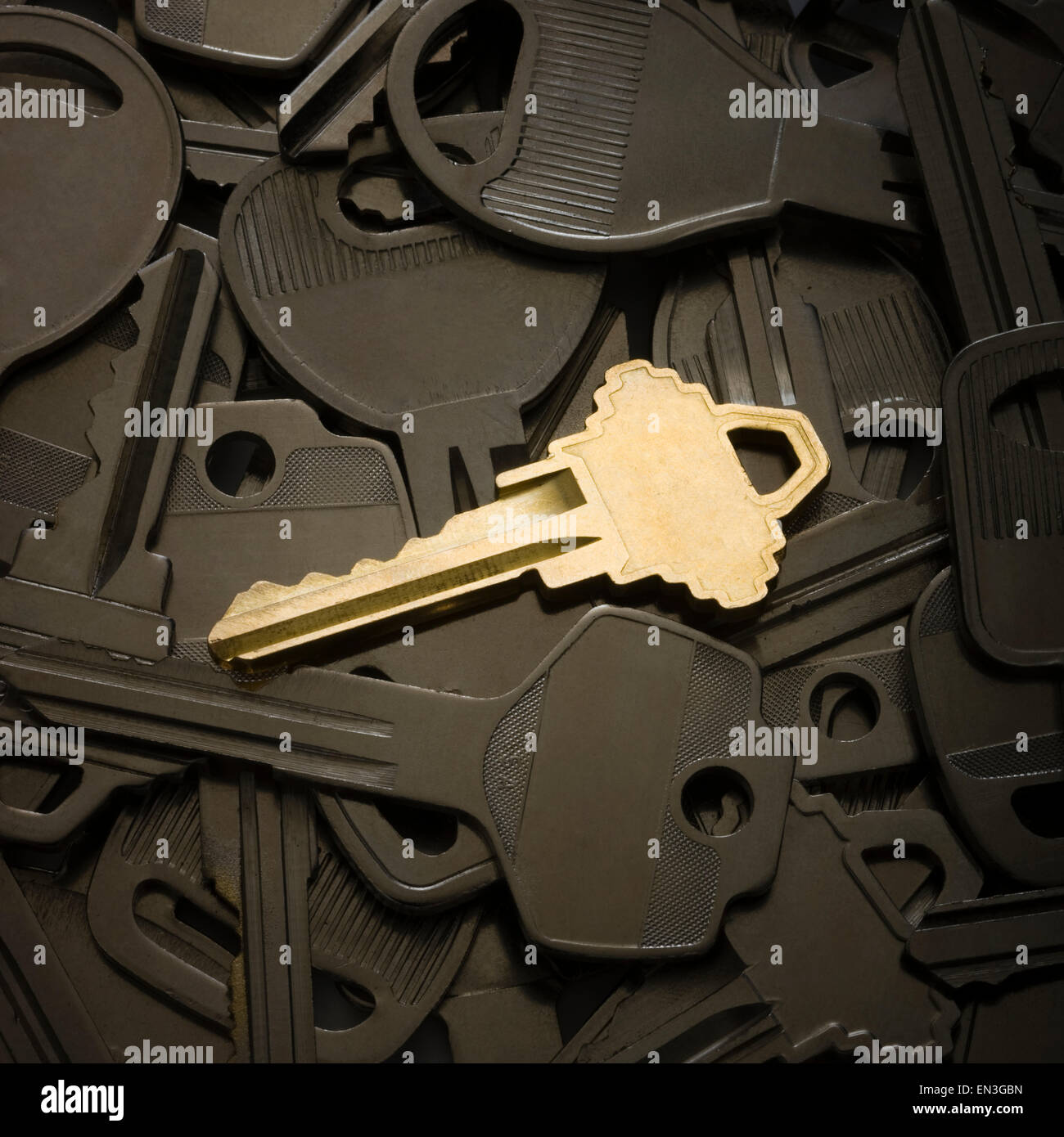 Una chiave di lucido giacente sulla parte superiore di un mazzo di chiavi opaco Foto Stock