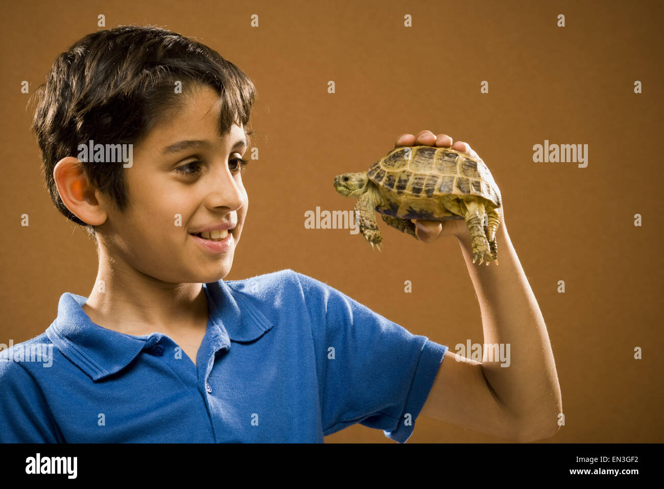 Ragazzo tenendo la tartaruga sorridente Foto Stock