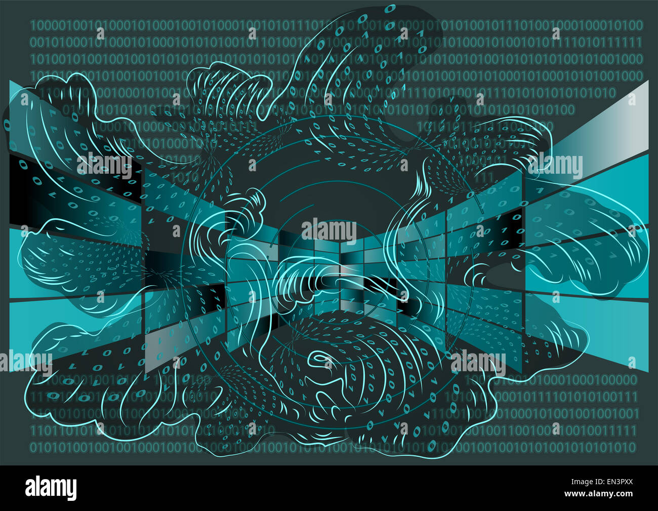 Gli schermi di computer e abstract onde con codici binari Foto Stock