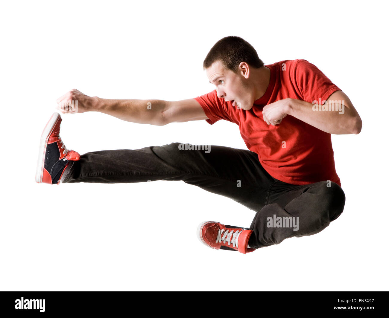 Uomo di saltare in aria Foto Stock