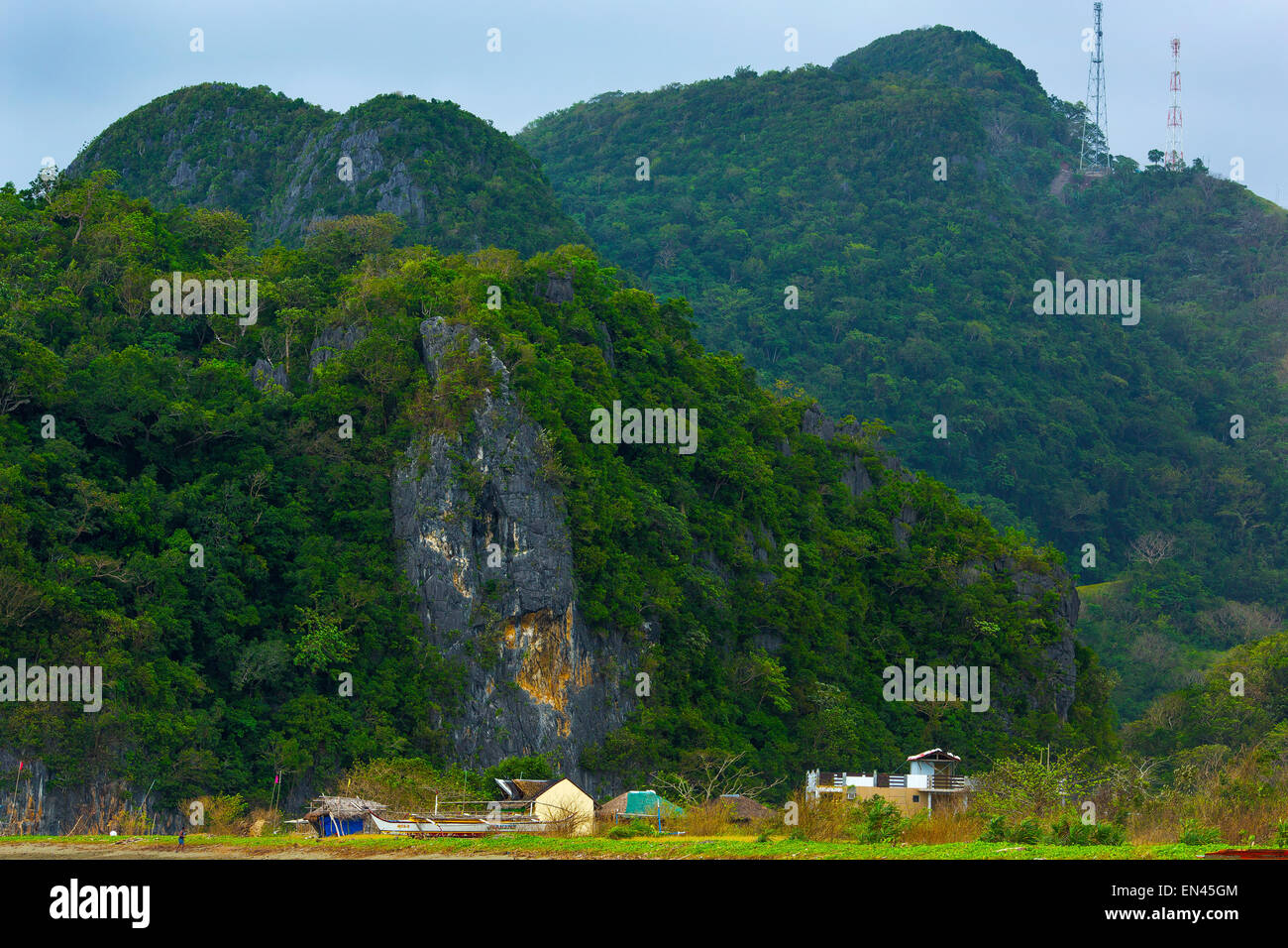 Una vista delle lussureggianti montagne dalla spiaggia dell'isola di Caramoan nelle Filippine il 28 dicembre 2014. Foto Stock