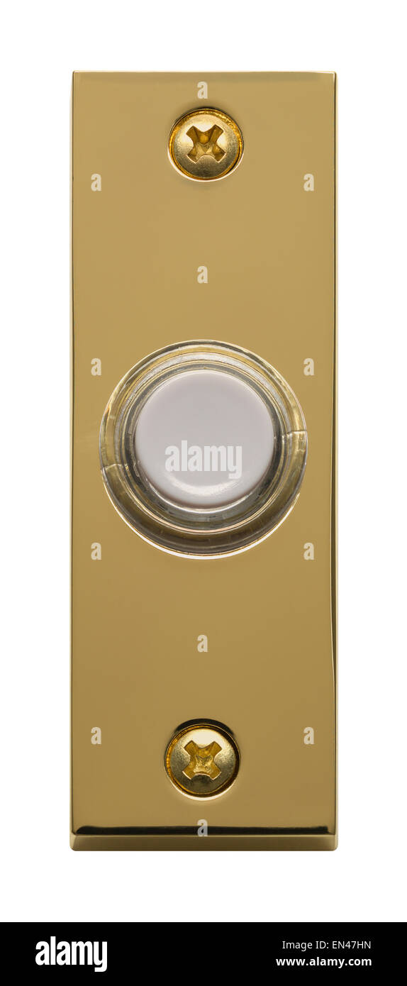 Rettangolo di ottone campanello con Bianco rotondo pulsante Isolato su uno sfondo bianco. Foto Stock
