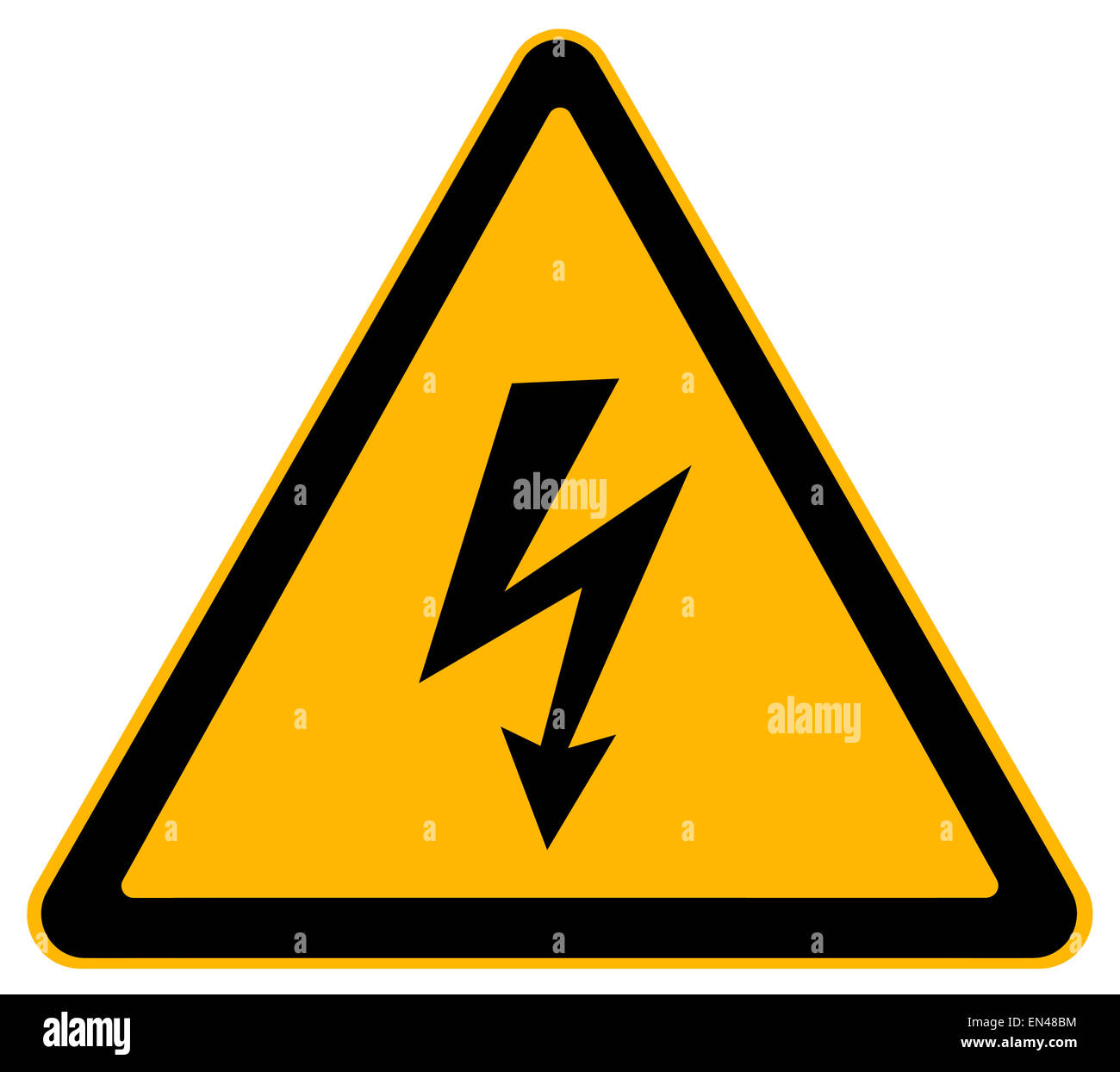 Triangolo giallo di scosse elettriche Segnale di avviso isolato su sfondo bianco. Foto Stock
