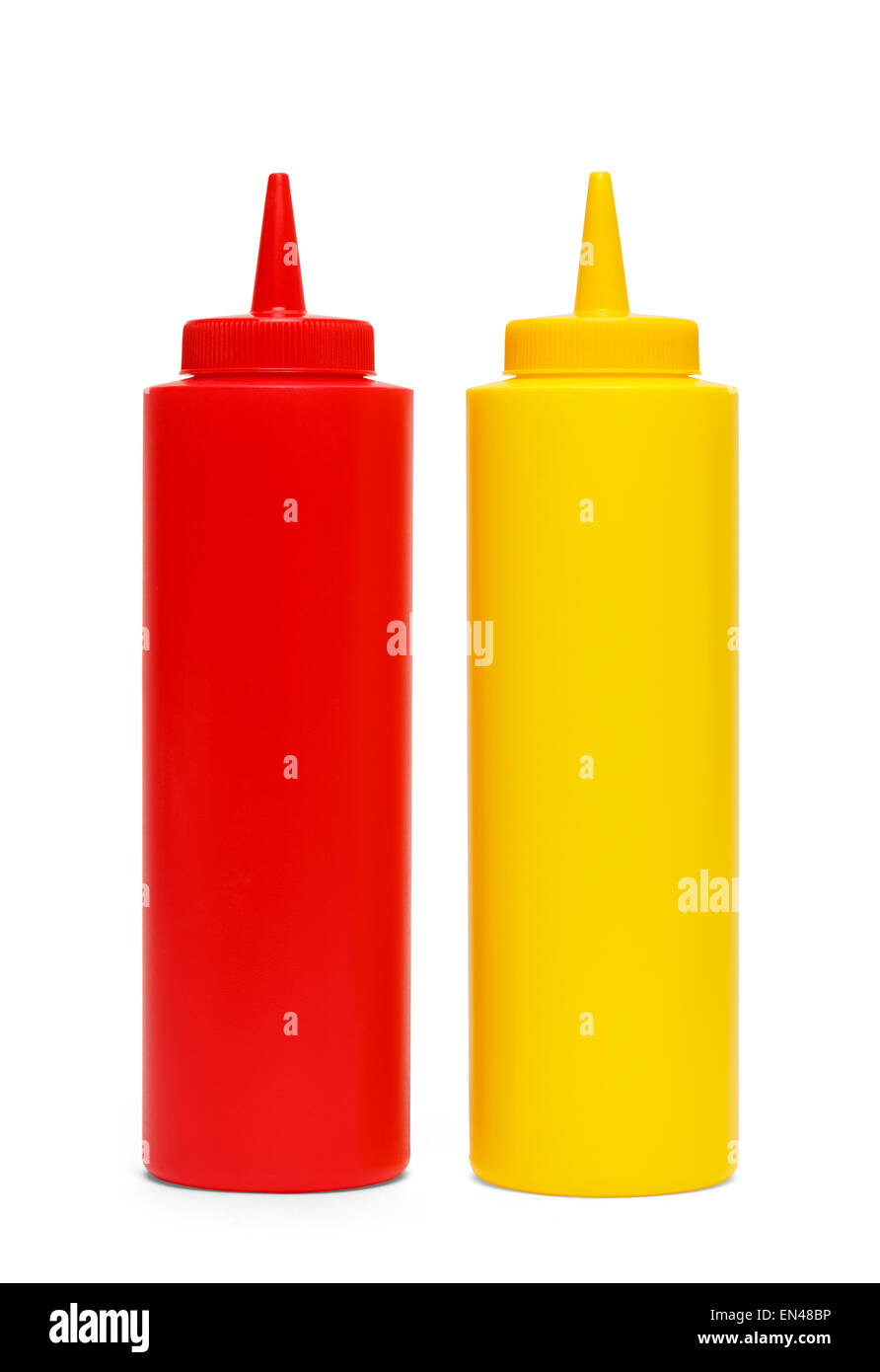 In plastica rosso ketchup e senape gialla contenitori. Isolato su sfondo bianco. Foto Stock