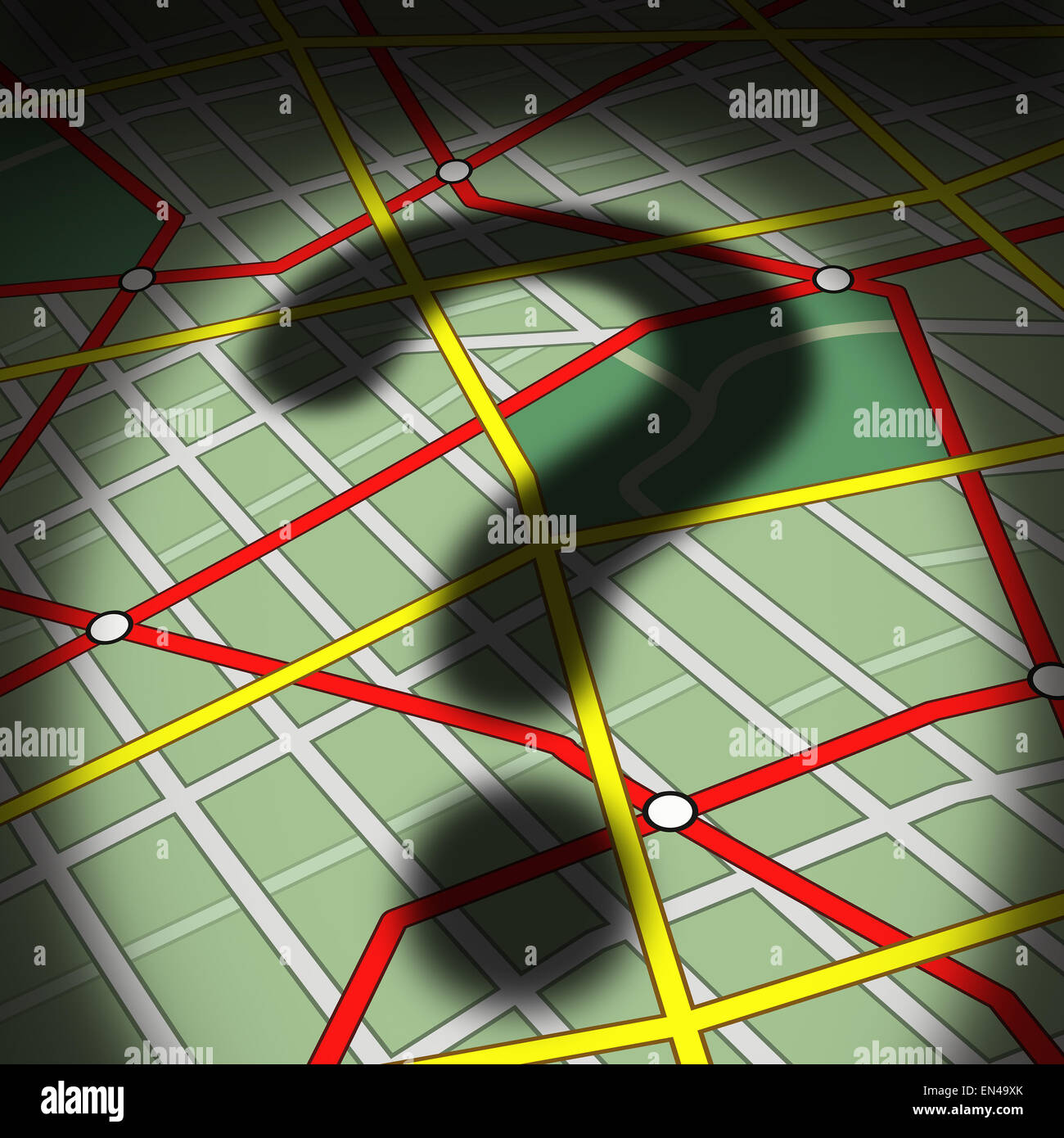 Mappa domande concetto come una strada di città topograghic diagramma con un cast ombra di un punto interrogativo come un busiiness o metafora della vita per il senso di incertezza e la guida di trasporto aiuto o consigli necessari per trovare un modo per andare avanti. Foto Stock