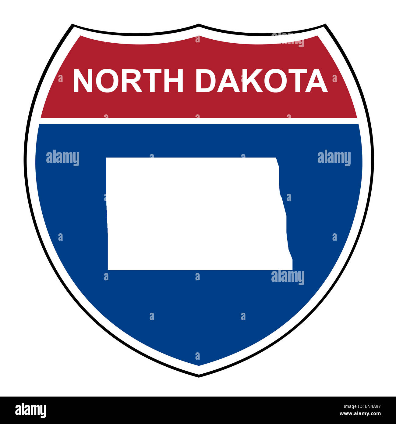 Il Dakota del Nord American Interstate Highway road scudo isolato su uno sfondo bianco. Foto Stock