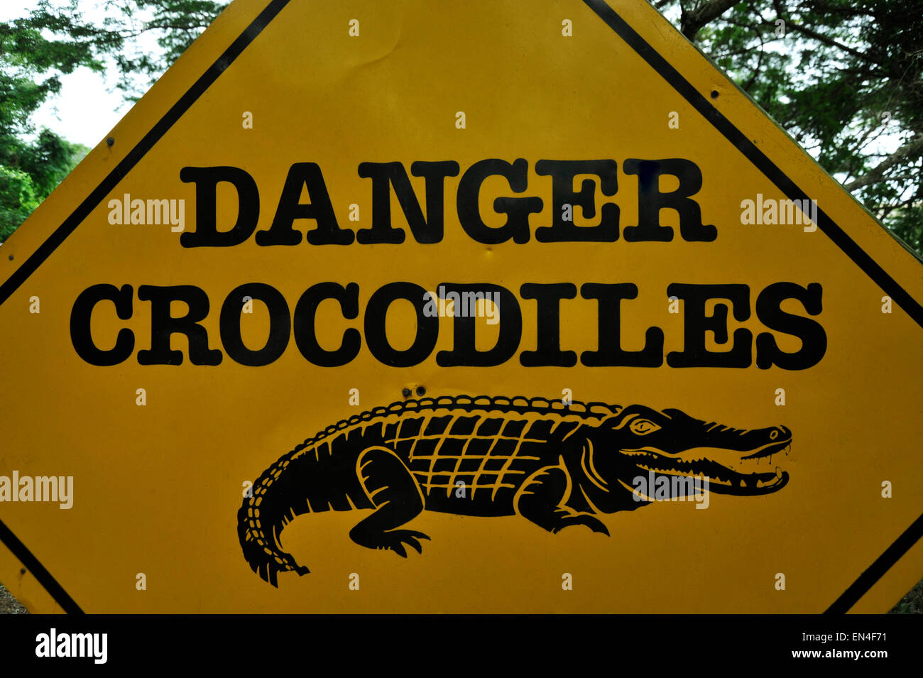 Weathered cartelli gialli turistici pericoloso avvertimento coccodrilli e di fauna selvatica incontra da persone a St Lucia estuary, KwaZulu-Natal, Sud Africa Foto Stock