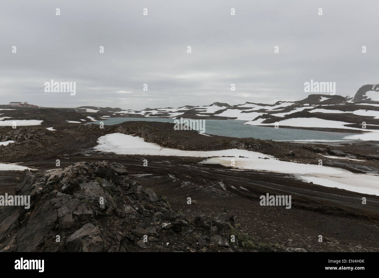 Il lago è circondato da colline innevate, sull'isola King George, a sud le isole Shetland, Antartide Foto Stock