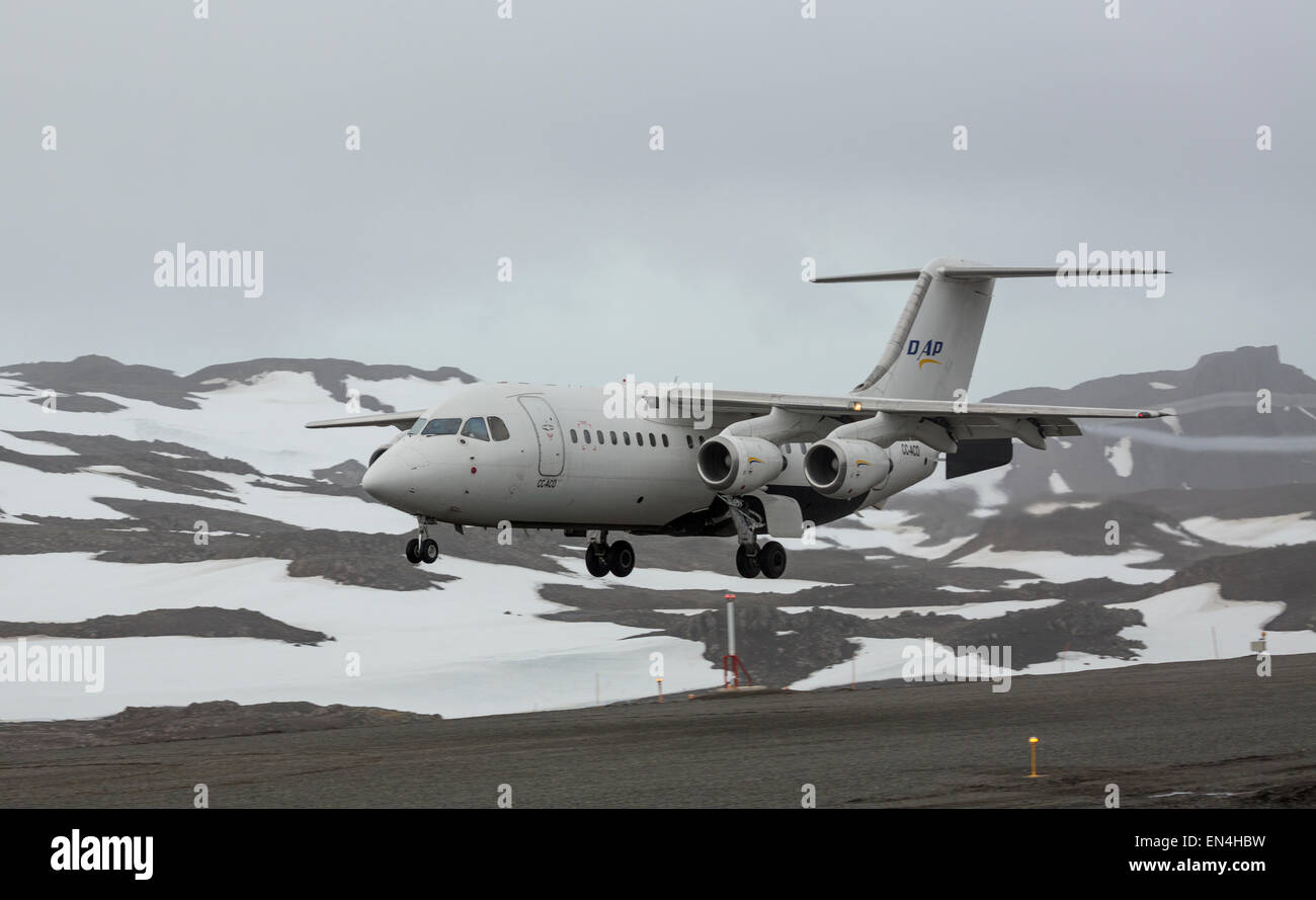 BAE 146-200 ad ala alta in atterraggio a Frei stazione, sull'isola King George, in Antartide Foto Stock