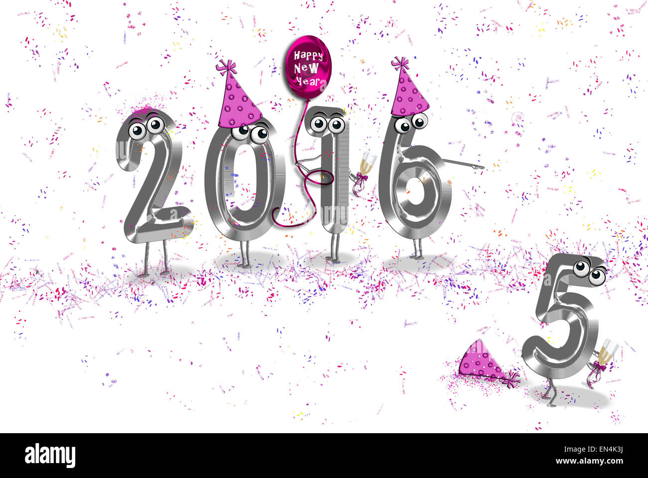 Divertente felice anno nuovo per il 2016 con party cappelli, palloncino e coriandoli su bianco. Foto Stock