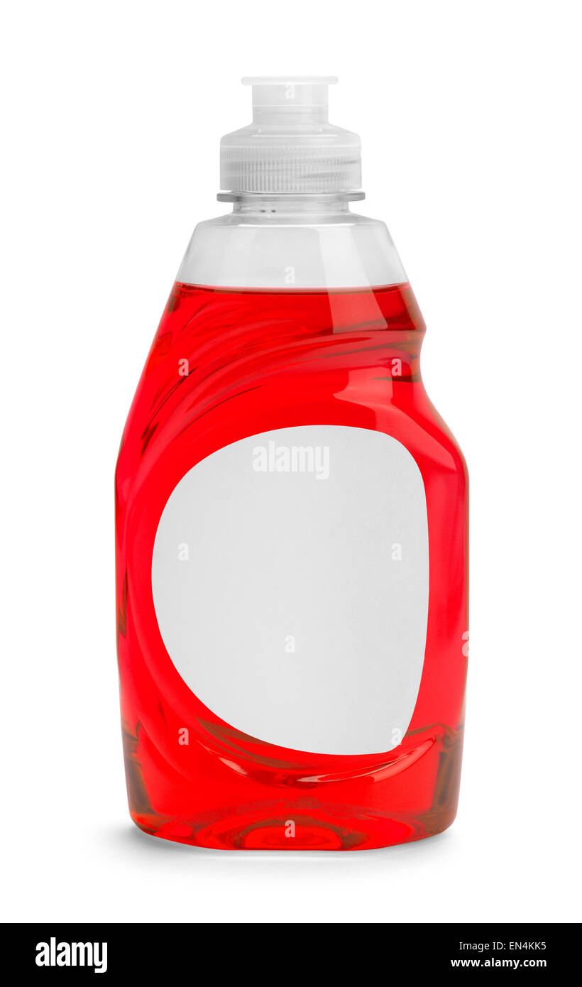Piccola bottiglia di liquido rosso sapone piatto isolato su uno sfondo bianco. Foto Stock