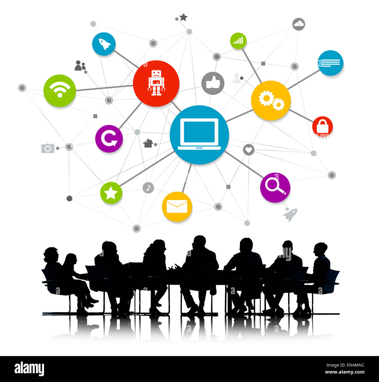 Un gruppo di persone di affari e lavoro Global Networking simboli sopra Foto Stock