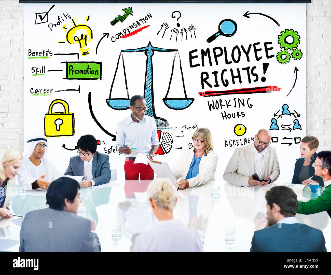 I diritti dei lavoratori parità di trattamento in materia di occupazione Job Meeting aziendale Concept Foto Stock