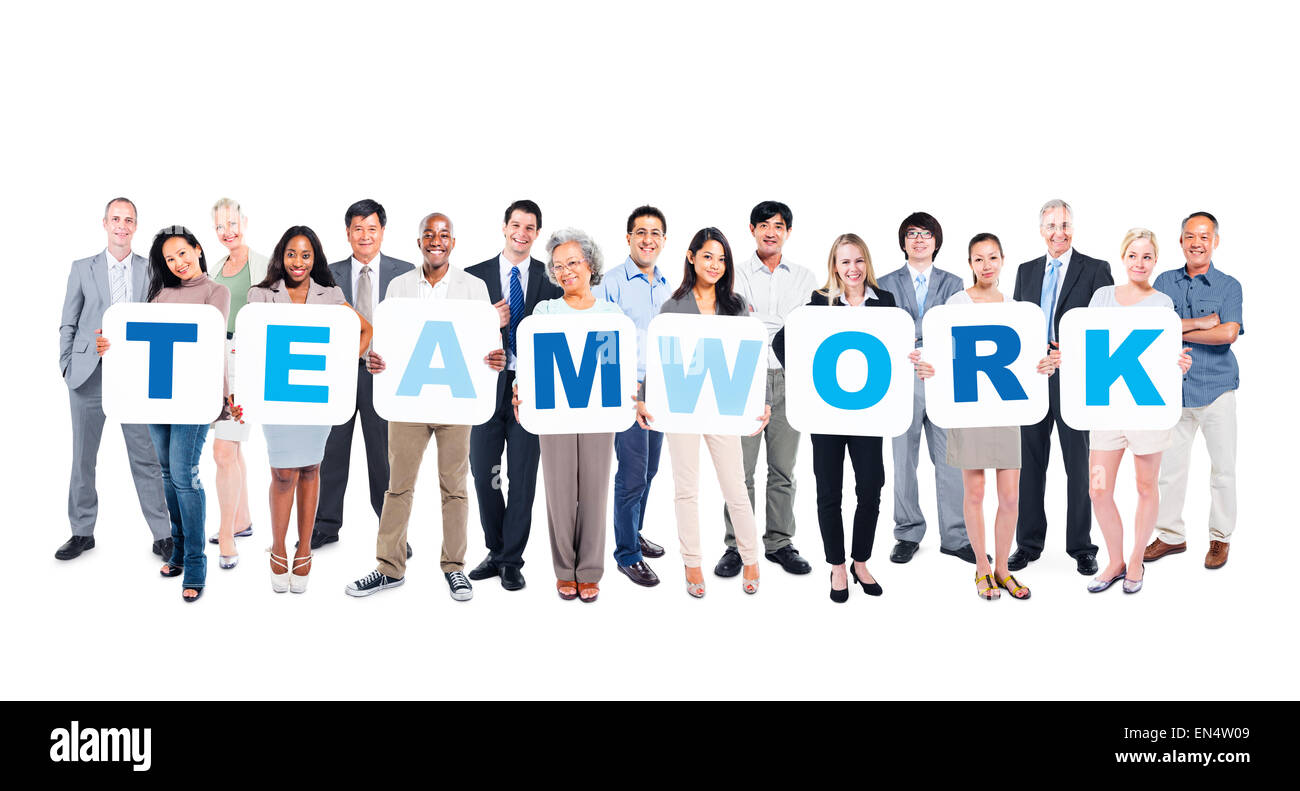 Gruppo di multi-etnico business persone azienda bianca cartelloni. Foto Stock