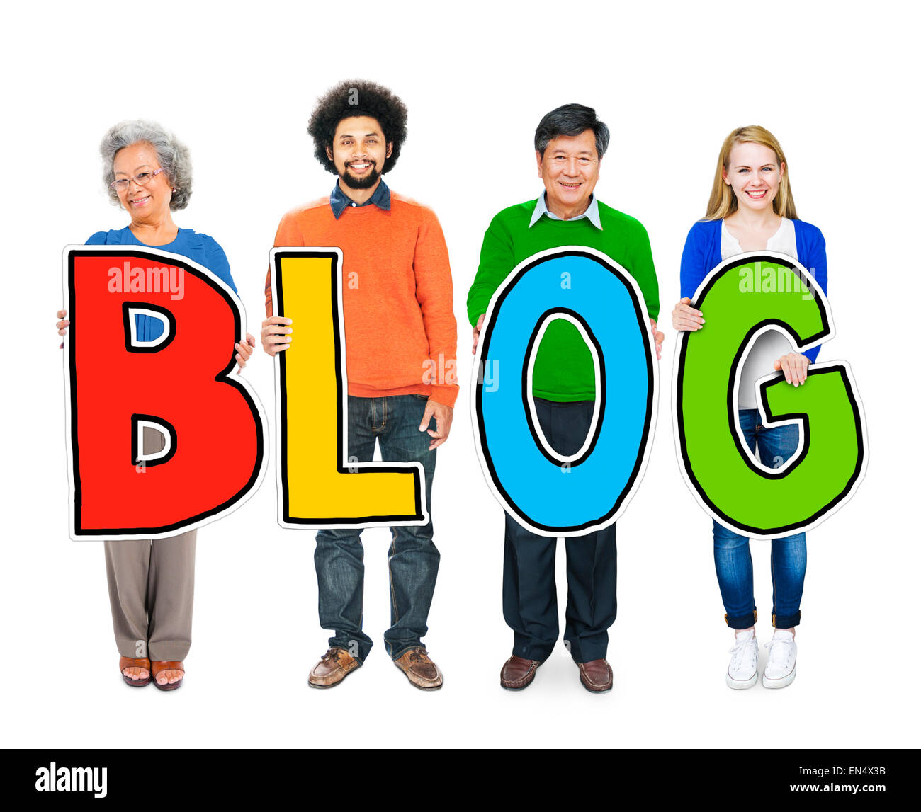 Gruppo di diverse persone che trattengono la parola Blog Foto Stock