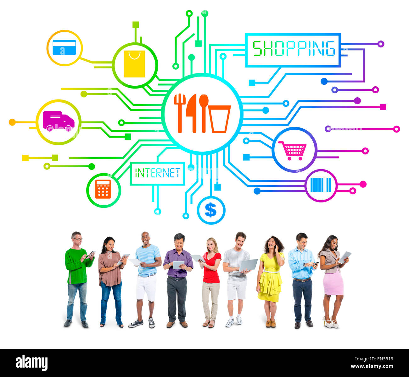 Gruppo informale di persone Azienda Digital compresse con Industria Alimentare icone sopra di loro Foto Stock