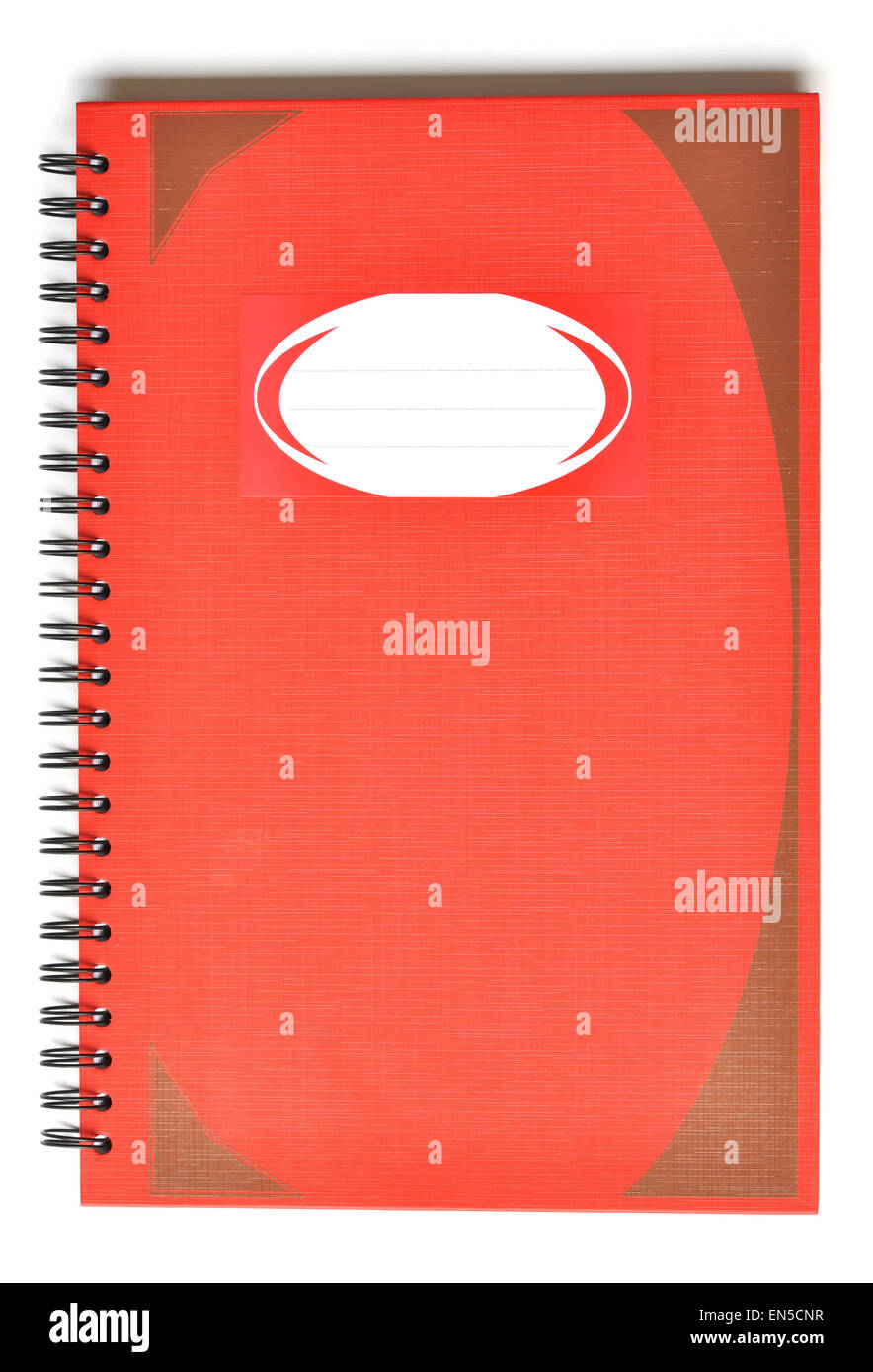 Rosso notebook rettangolare con nome etichetta sul coperchio Foto Stock