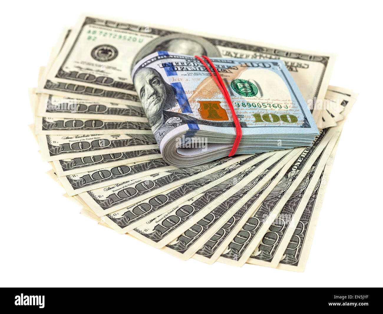 Pila di banconote da cento dollari isolati su sfondo bianco Foto Stock
