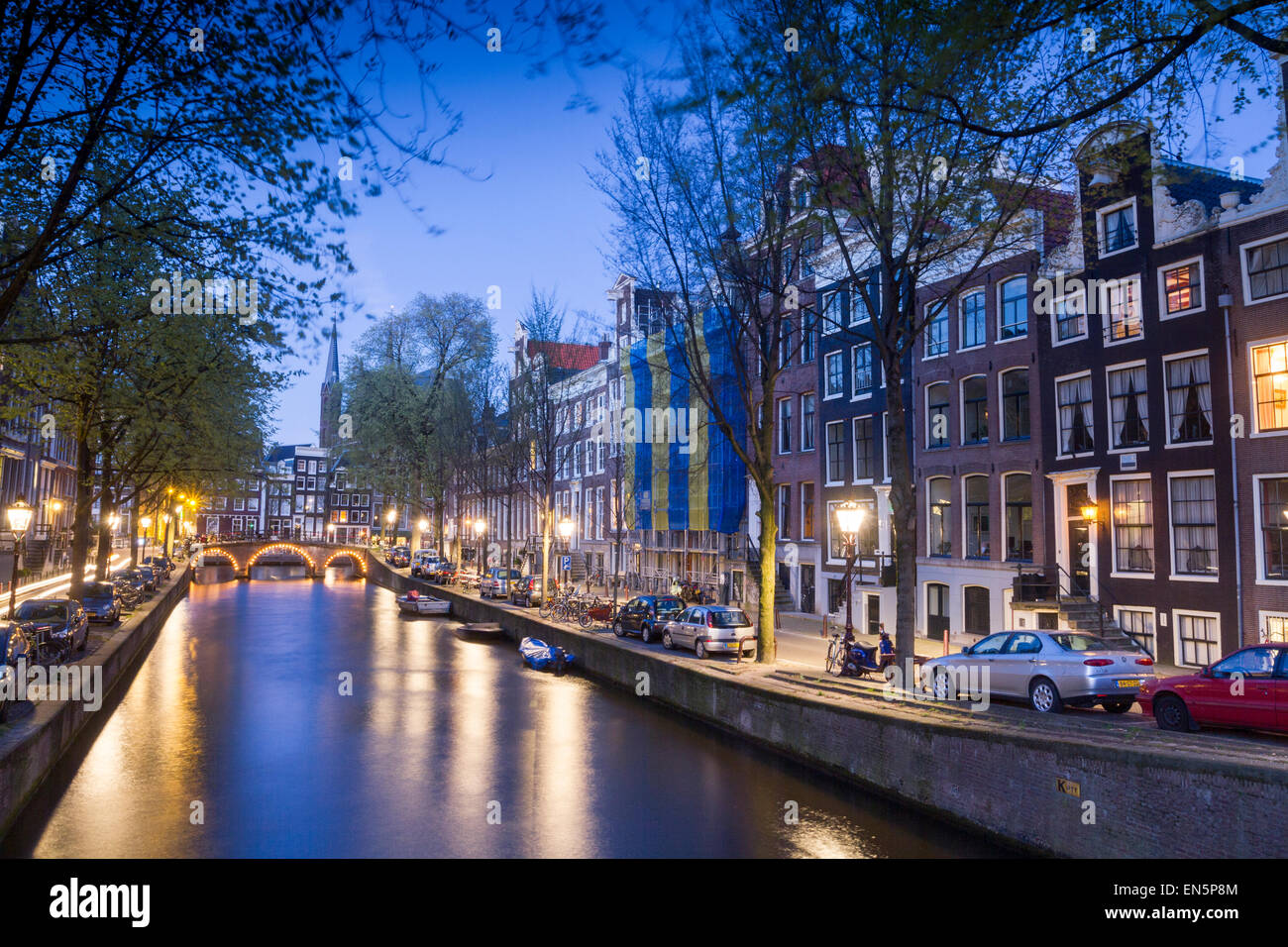 Leidsegracht di notte, Amsterdam, Olanda Foto Stock