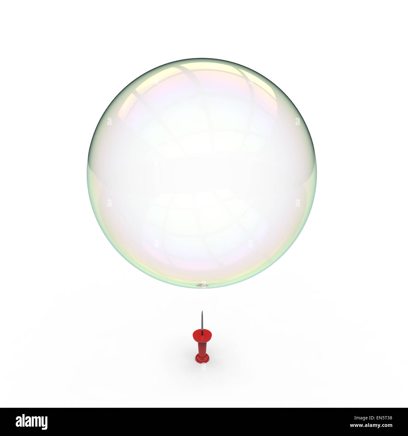 Bolla di sapone in bilico su un disegno rosso pin su sfondo bianco Foto Stock