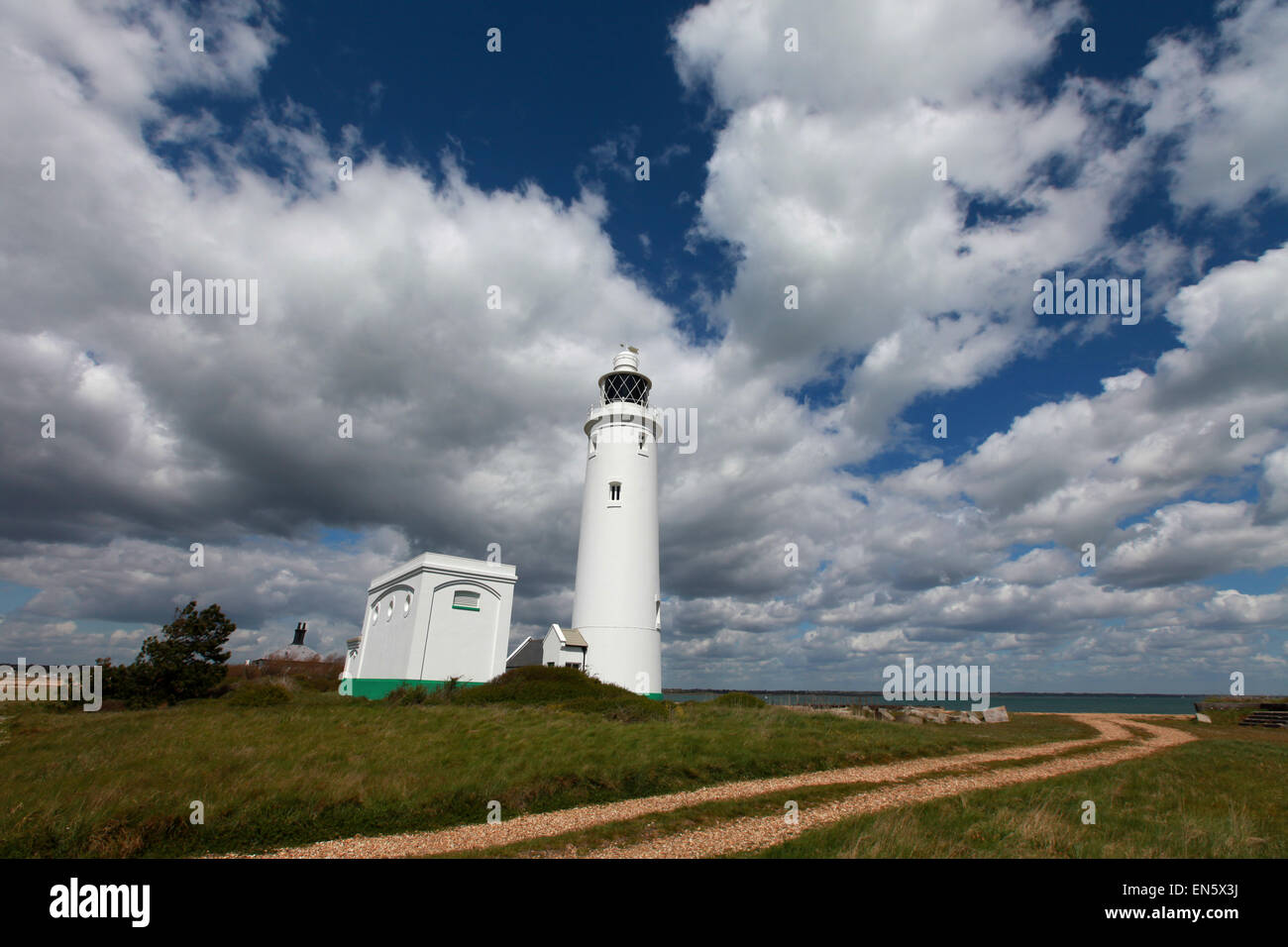 Hurst point Lighthouse su Hurst Spit accanto al castello di Hurst in Keyhaven nella nuova foresta Hampshire England Regno Unito Foto Stock