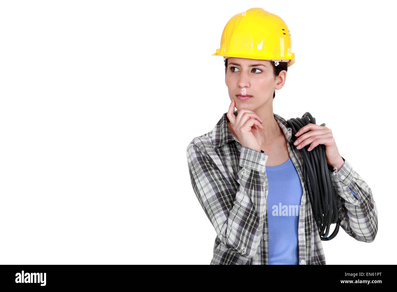 Tradeswoman nel profondo del pensiero Foto Stock