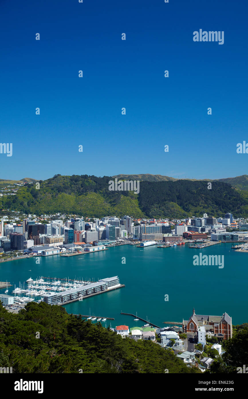 Vista del CBD di Wellington, porto, crivelli superiori Marina e di san Gerardo Monastero, dal Monte Victoria Lookout, Wellington, Nuova Zelanda Foto Stock