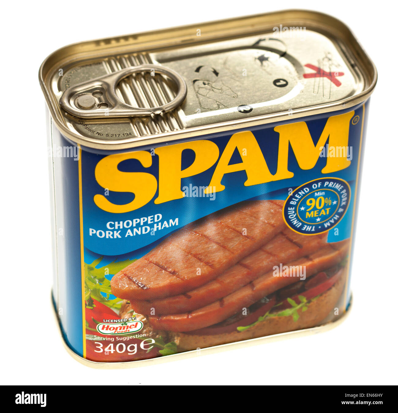 340g può di Spam le conserve di carne di maiale tritata e prosciutto 90 percento su licenza di carne da Hormel Foods Foto Stock