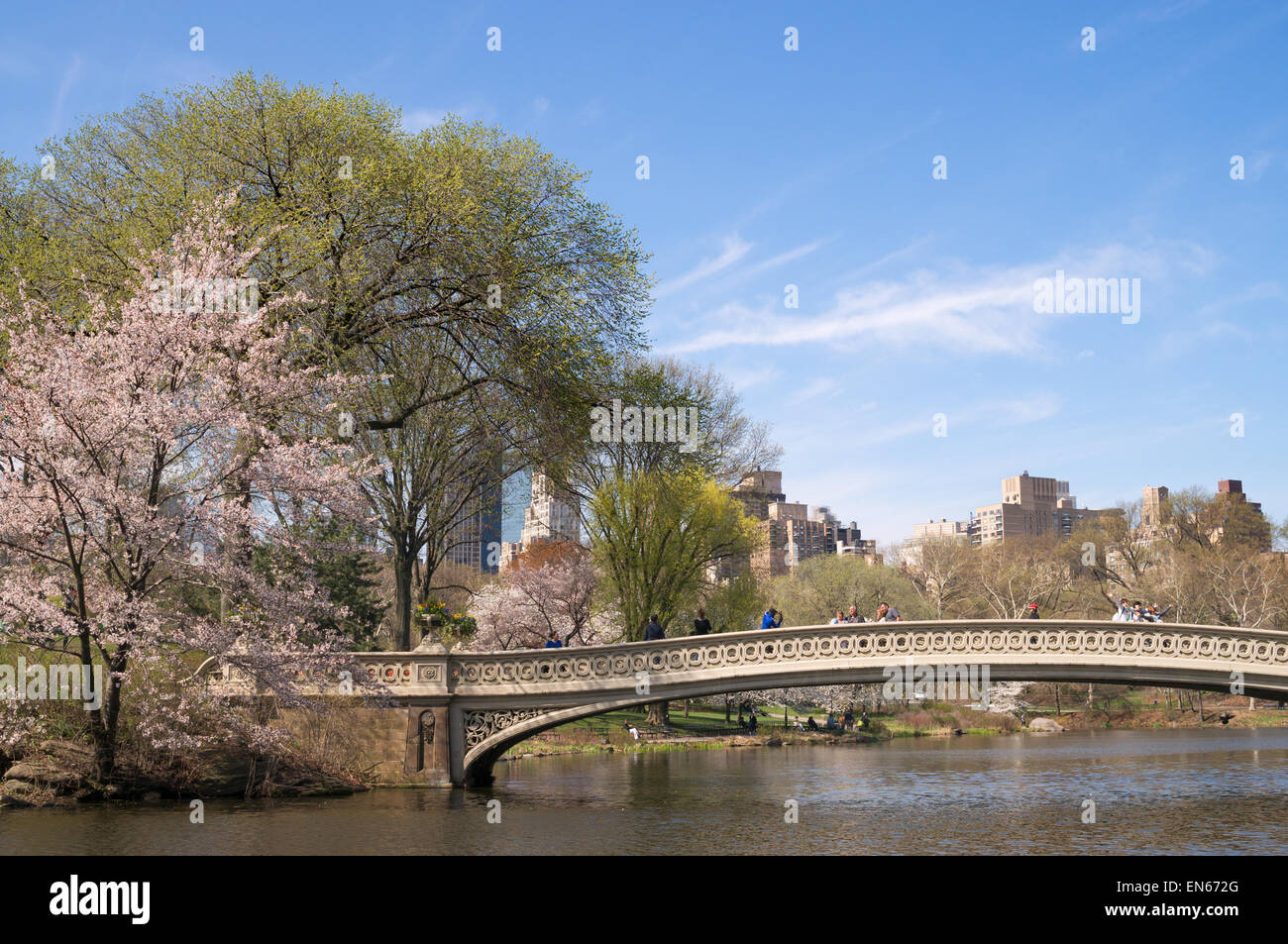 Una primavera vista del ponte di prua a Central Park, New York, Stati Uniti d'America Foto Stock