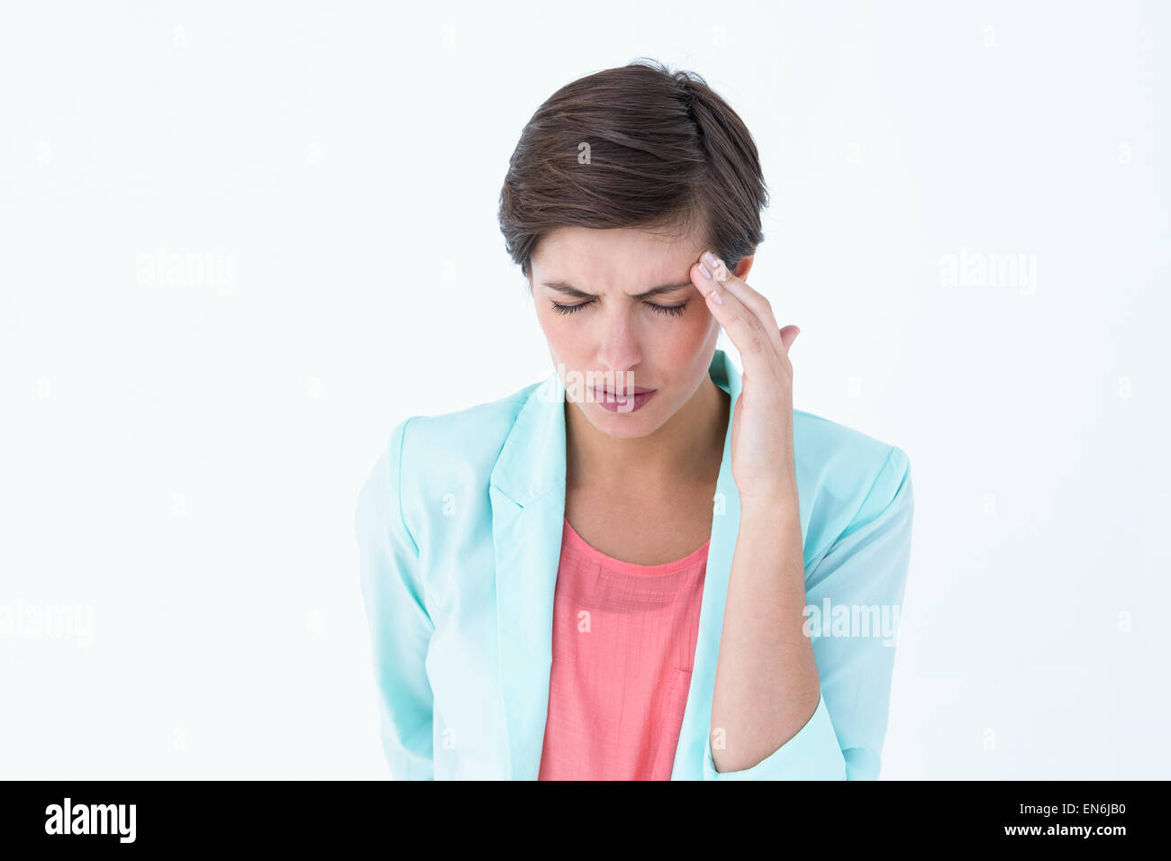 Bella donna che soffre di mal di testa Foto Stock