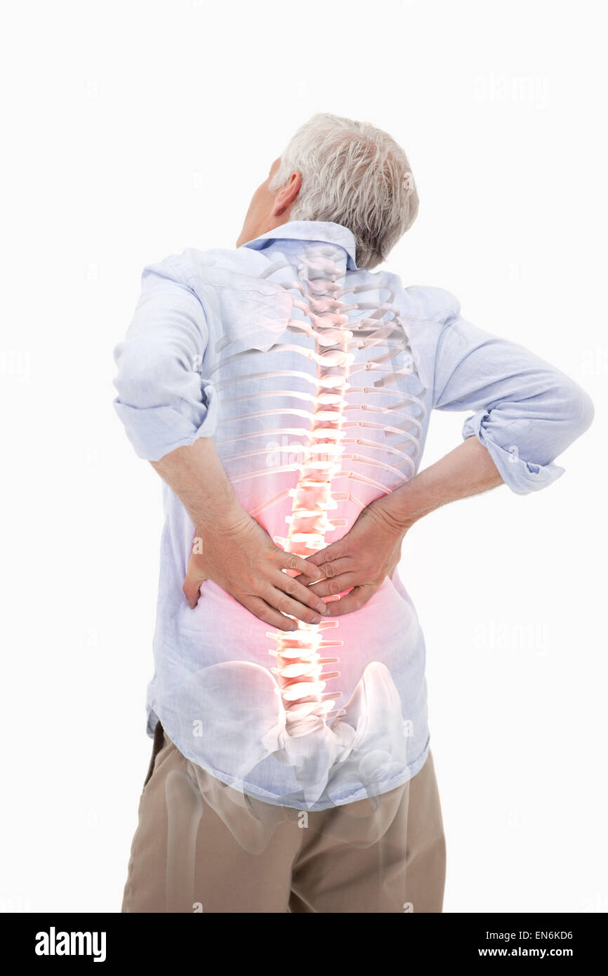 La colonna vertebrale evidenziata dell uomo con il mal di schiena Foto Stock