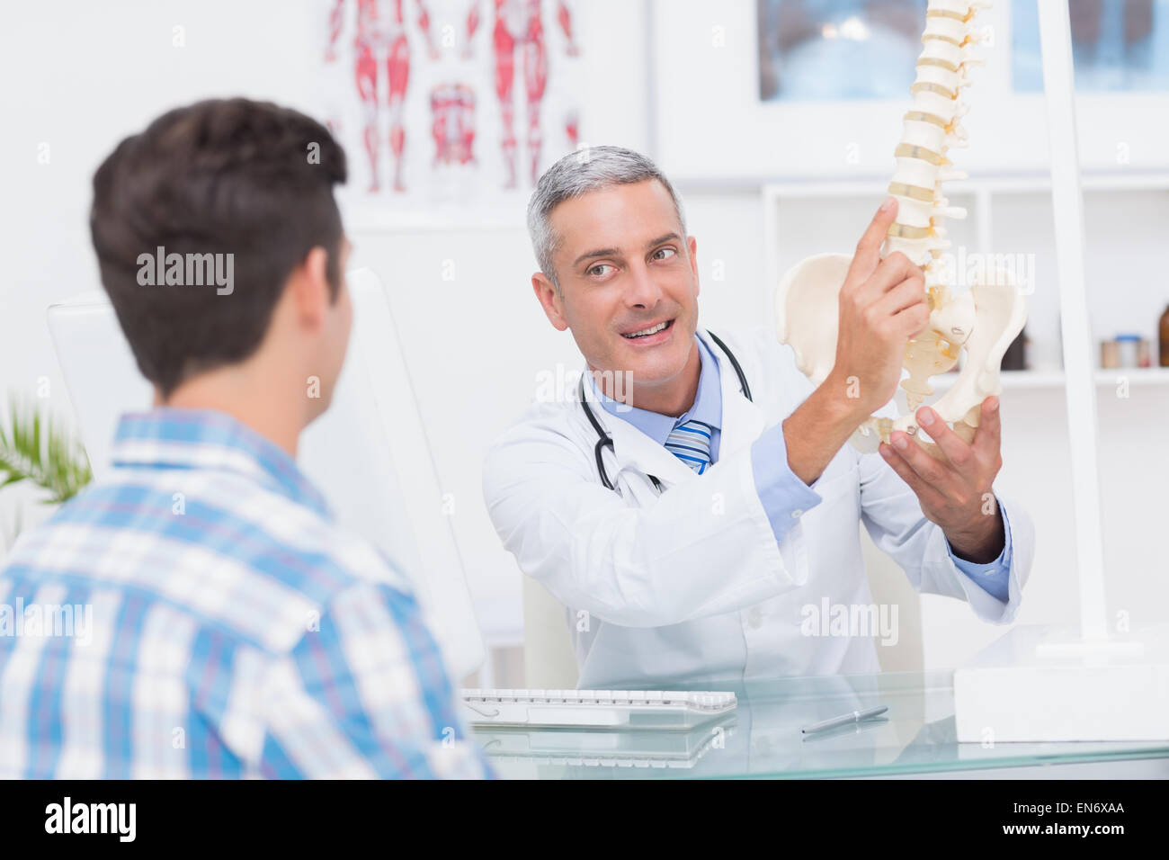 Medico spiegando dorso anatomico per il suo paziente Foto Stock