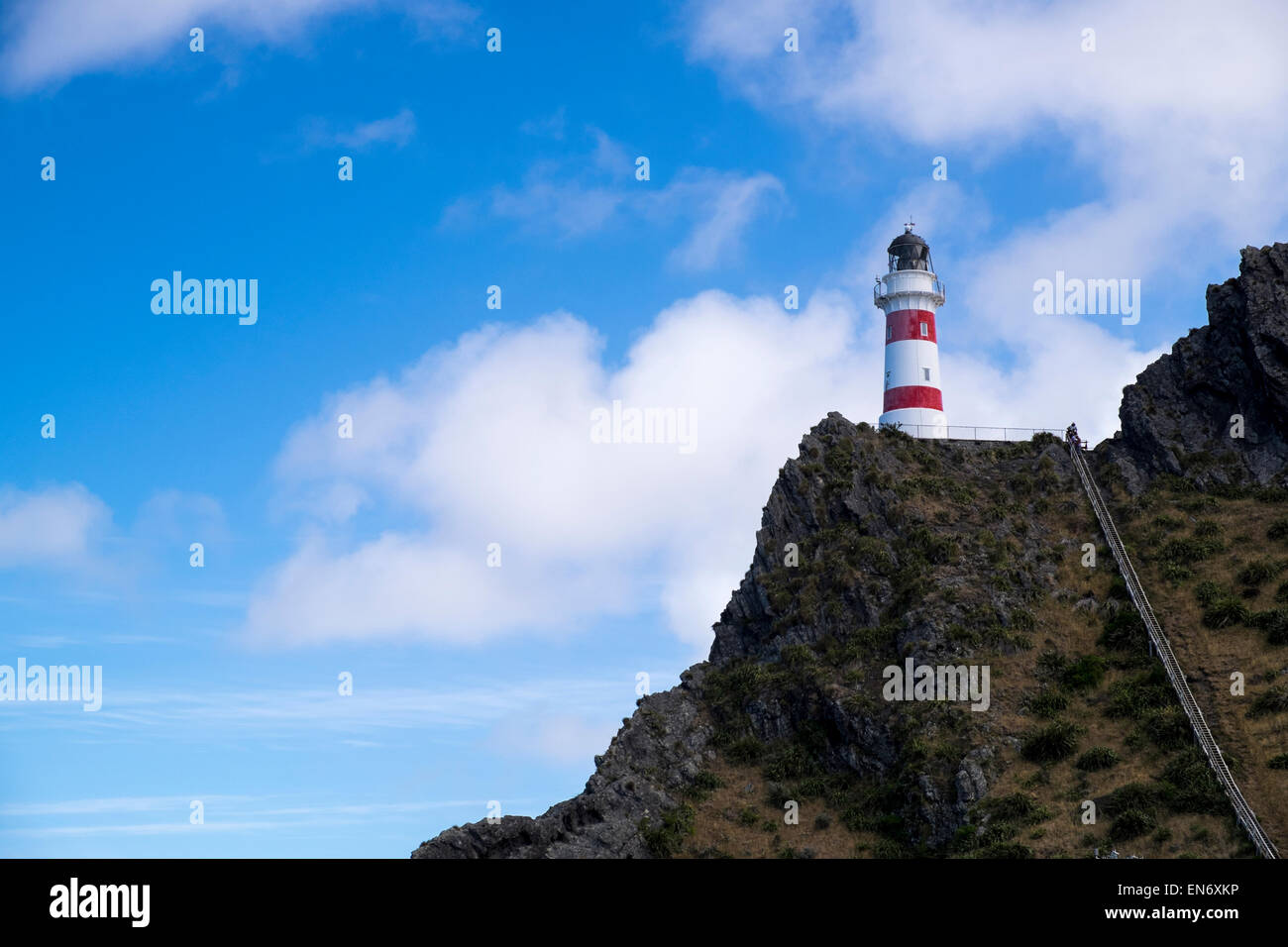Cape Palliser lighthouse in piedi sulla cima di una scogliera fino 252 passi, Nuova Zelanda. Foto Stock