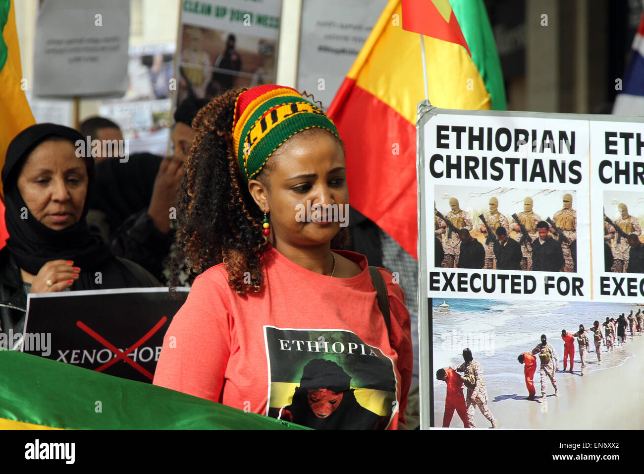 Etiopi marzo attraverso il centro di Londra che invita il Regno Unito a prendere misure a seguito dell'assassinio dei loro connazionali in Libia Foto Stock