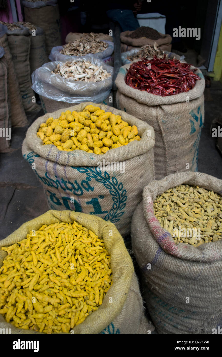 Sacchi di peperoncini essiccati e la curcuma radice per la vendita al mercato Foto Stock