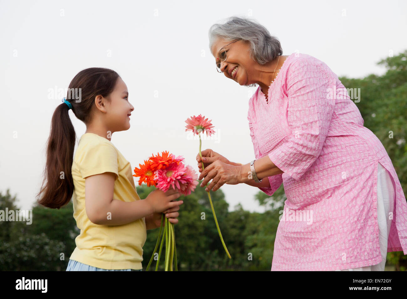 La nonna di accettare un fiore dal nipote Foto Stock