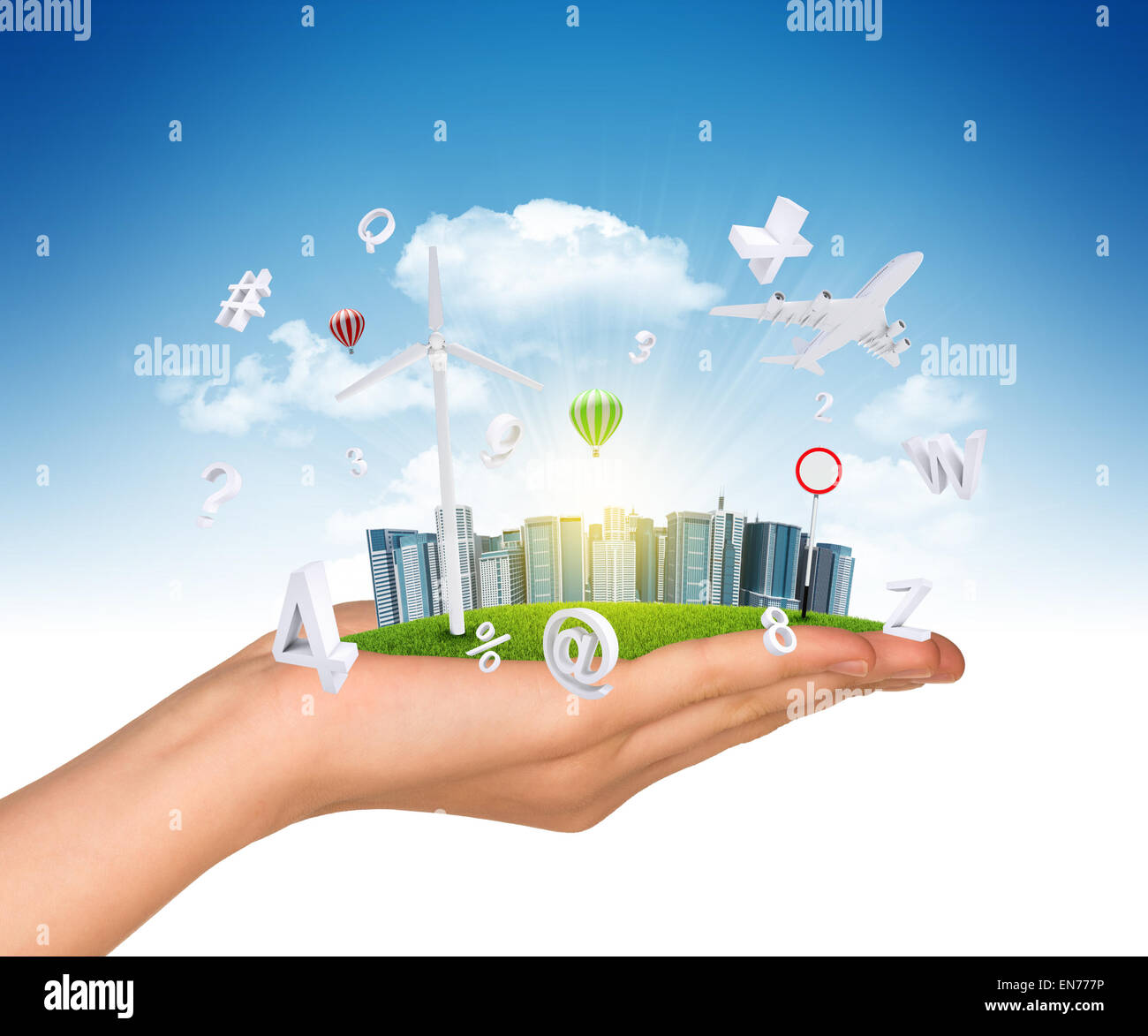 La città a portata di mano con jet Foto Stock