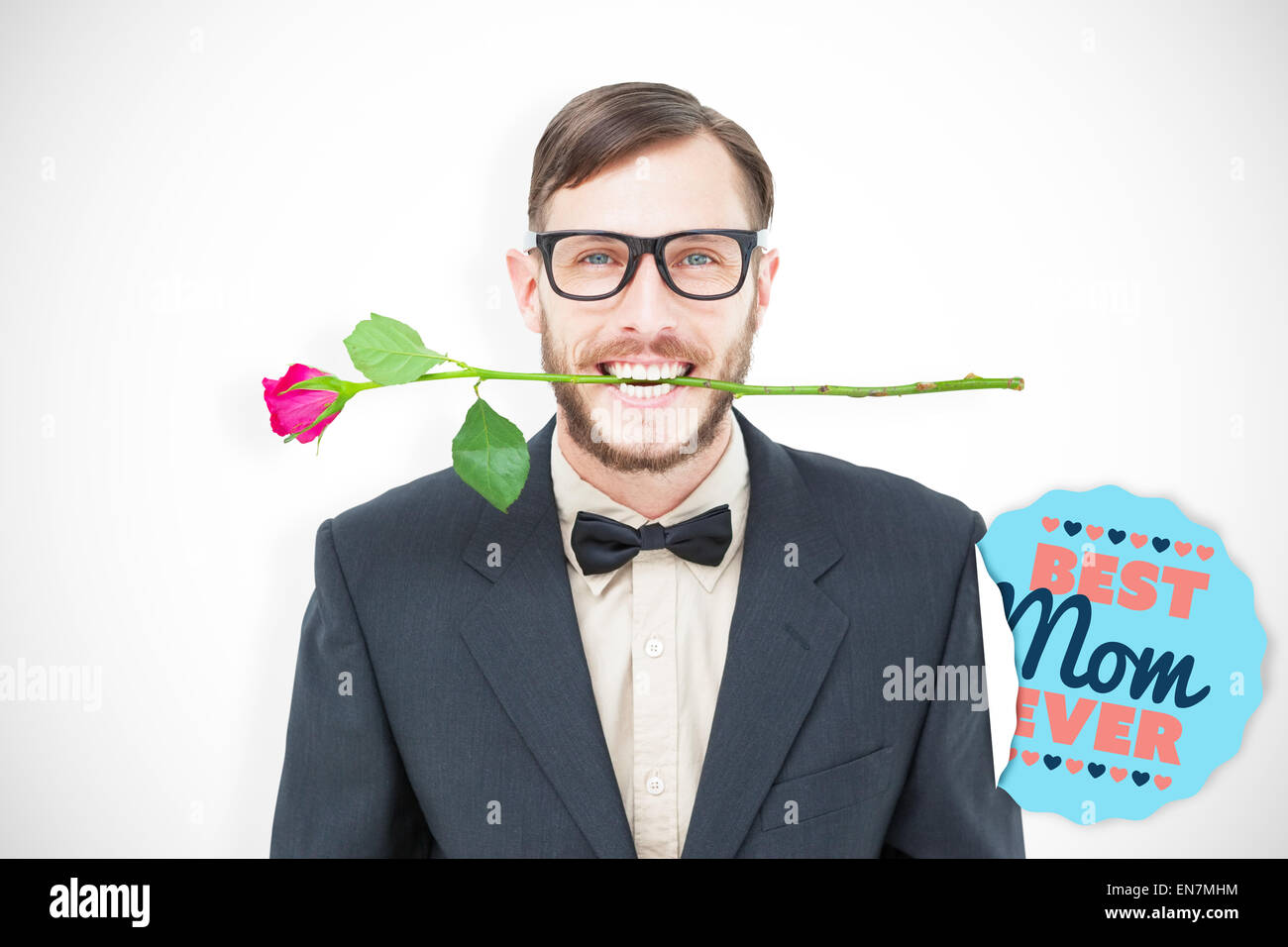 Immagine composita di geeky hipster holding è salito tra i denti Foto Stock