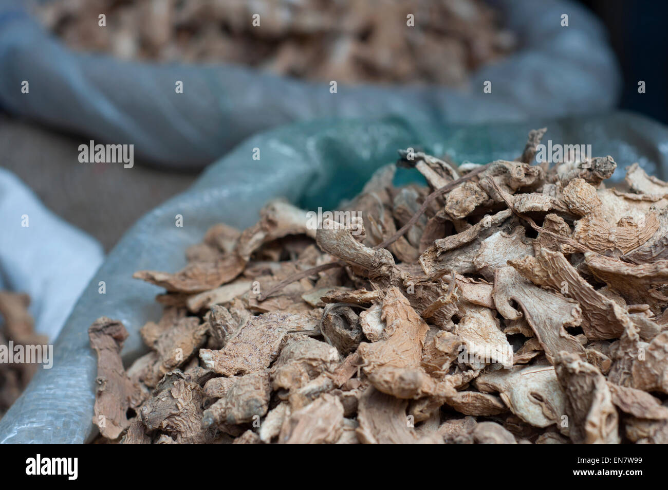 Close-up di zenzero essiccato per la vendita al mercato Foto Stock
