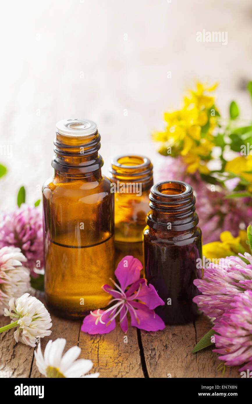 Oli essenziali e fiori di medicina di erbe Foto Stock