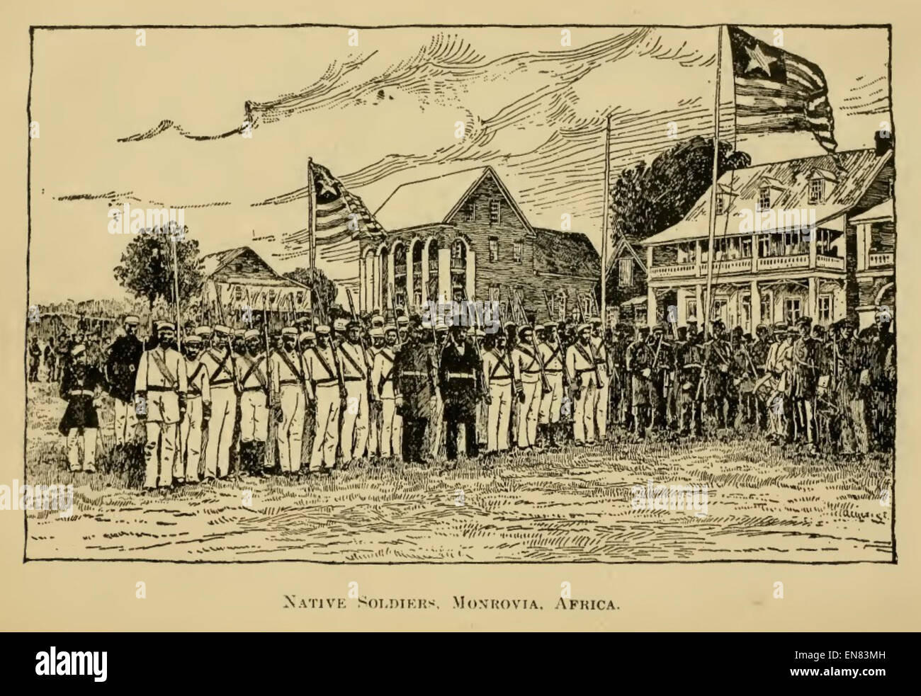 Un'illustrazione di SMITH (1893) raffigurante soldati nativi a Monrovia, Liberia. Questa opera d'arte storica cattura i soldati in un periodo dell'Africa coloniale, sottolineando il ruolo delle forze indigene nella storia militare della regione. Foto Stock