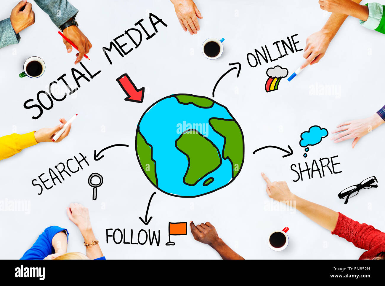 Le mani sul tavolo con i Social Media dei concetti Foto Stock Le mani sul tavolo con i Social Media dei concetti Foto Stock