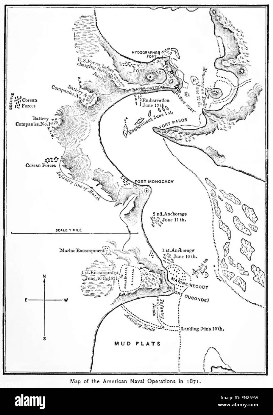 Questa mappa del 1897, creata da Griffis, raffigura le operazioni navali americane durante il 1871, un anno importante per la Marina degli Stati Uniti, che riflette i movimenti militari strategici e gli impegni navali. Foto Stock