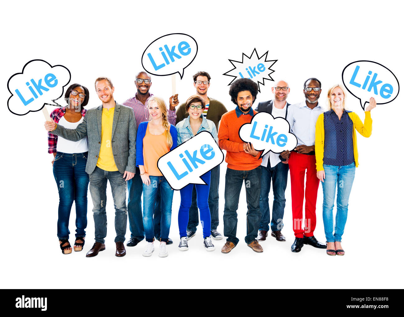 Gruppo di Felice Multi-Ethnic Persone azienda fumetti con la parola come Foto Stock