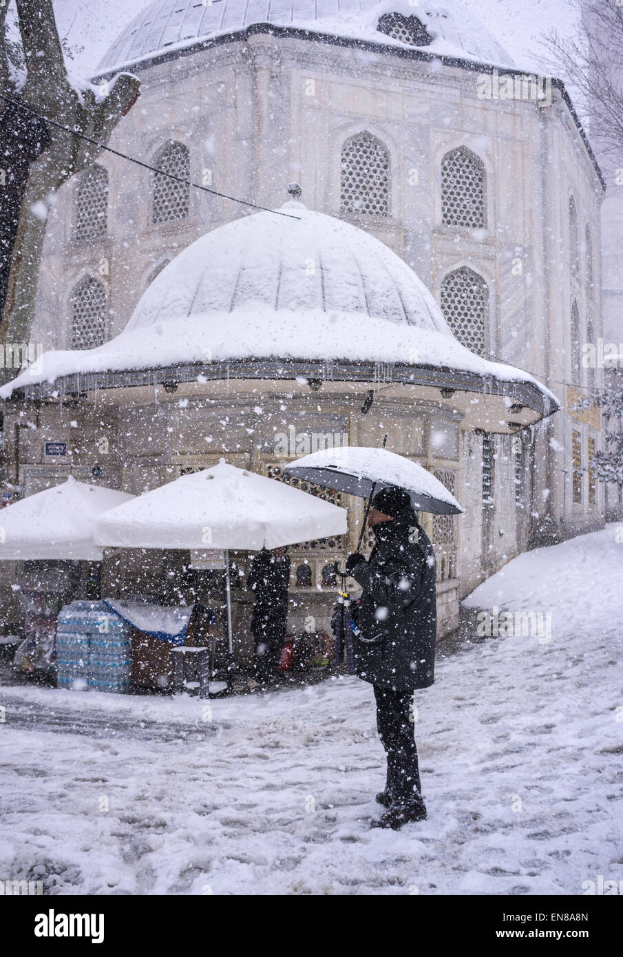 Le cupole e ombrelloni in un inverno tempesta di neve dalla Imperial mausolei a Aya Sofya, Sultanahmet, Istanbul, Turchia. Foto Stock