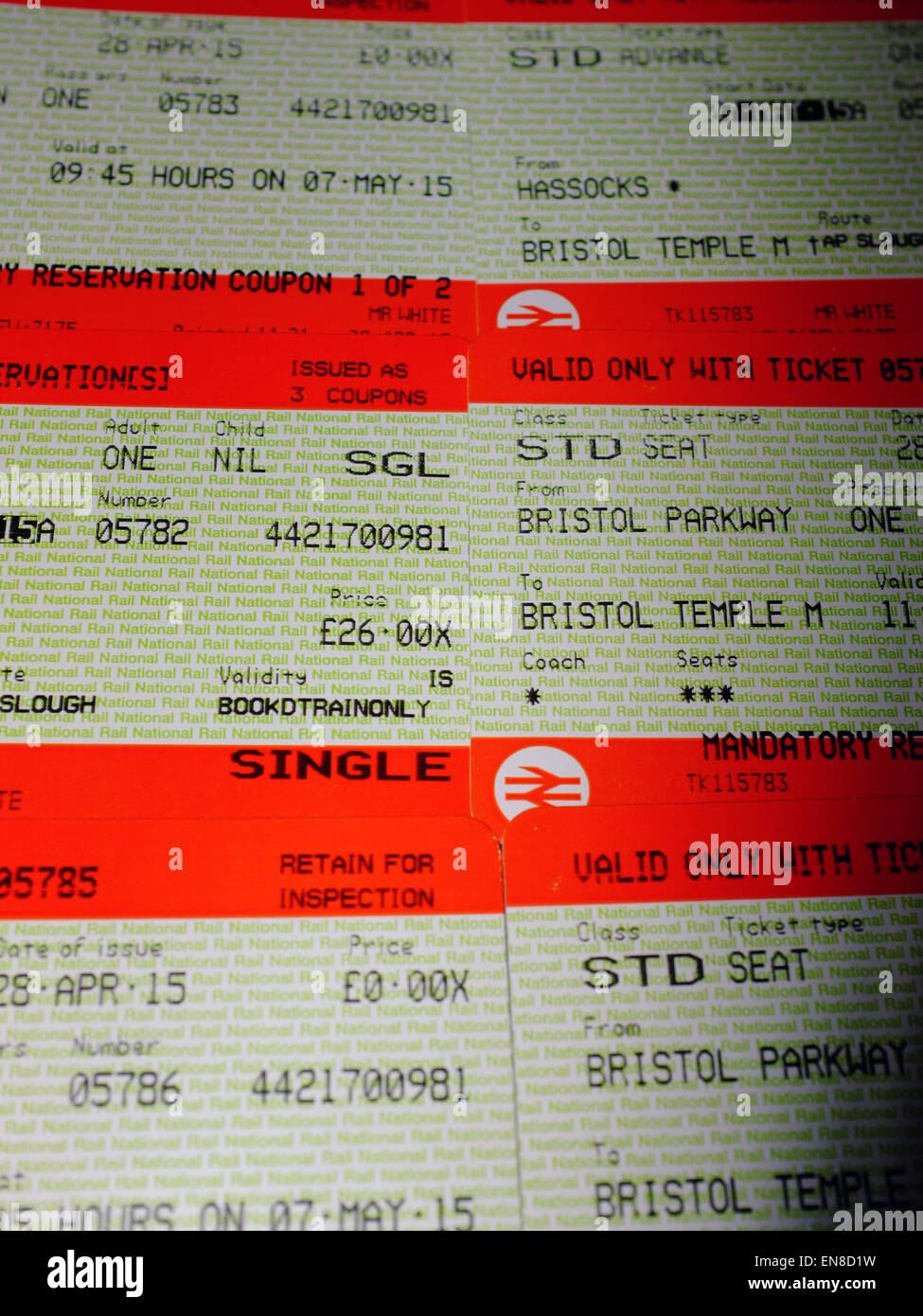 Un set di UK i biglietti del treno per un viaggio da Hassocks nel Sussex per la stazione di Bristol Temple Meads. Foto Stock